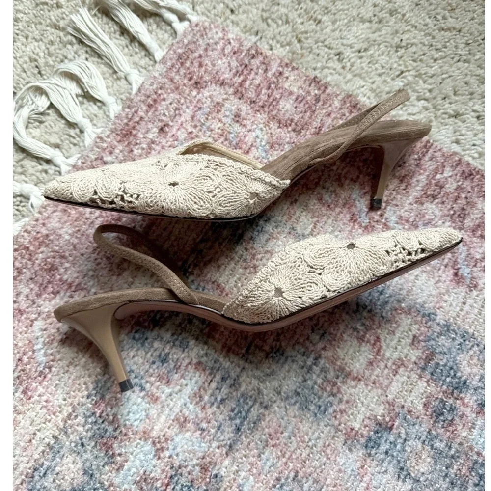 Zara Crochet Slingback Heels Womens 39 Cream Mesh Pointed Toe Boho Kitten Heel
